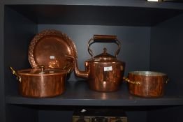 A selection of vintage copper ware, comprising charger with incised diamond design to edge, marked