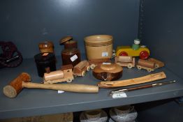 A variety of treen, to include Ebony box of cylindrical form with threaded lid, bowl and toy train.
