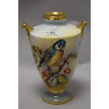 A 1960s Aynsley fine Art collection vase, with narrow neckline and two handles heightened with gilt,