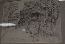 A framed and glazed print of Massachusetts farm scene.