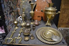 A collection of brass ware, including vintage Samovar Tea Urn, incense bowl, trays and lamp etc.