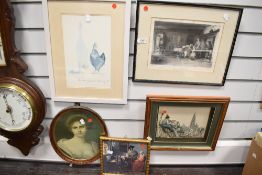 A variety of framed and glazed vintage and modern prints and art work.