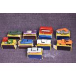 Nine Lesney Matchbox Series diecasts, 1960-1961 boxes, 2 Dumper, 5 London Routemaster Bus, 15