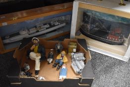 Two wooden and plastic scale Boat Models, both in wooden cases along with plastic and wooden figures