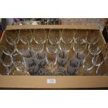 A selection of drinking glasses including ten wine glasses with fluted bowl, seven champagne
