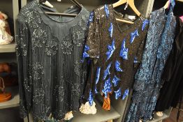 A collection of 1980s womens wear, to included extensively beaded Frank Usher blouses.