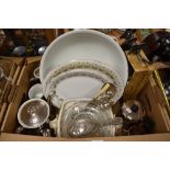A Royal Worcester silver lustre tea set, an Elkington plated tea set, four plated serving spoons,