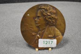 A commemorative cast bronze medallion for Beethoven 9cm approx.