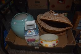 A Crown Ducal Clarice Cliff style bowl, Losol ware vase, woven wicker frog design waste paper basket
