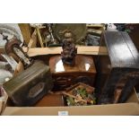 A selection of wooden items including boxes, a Buddha figure, a barometer, cuckoo clock and a wood