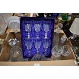 A boxed set of six Royal County Crystal glasses, a boxed set of two Royal Doulton 'Cristal', four