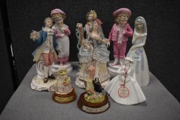 A selection of German porcelain figures in bisque and a Coalport Emma Louise figure.
