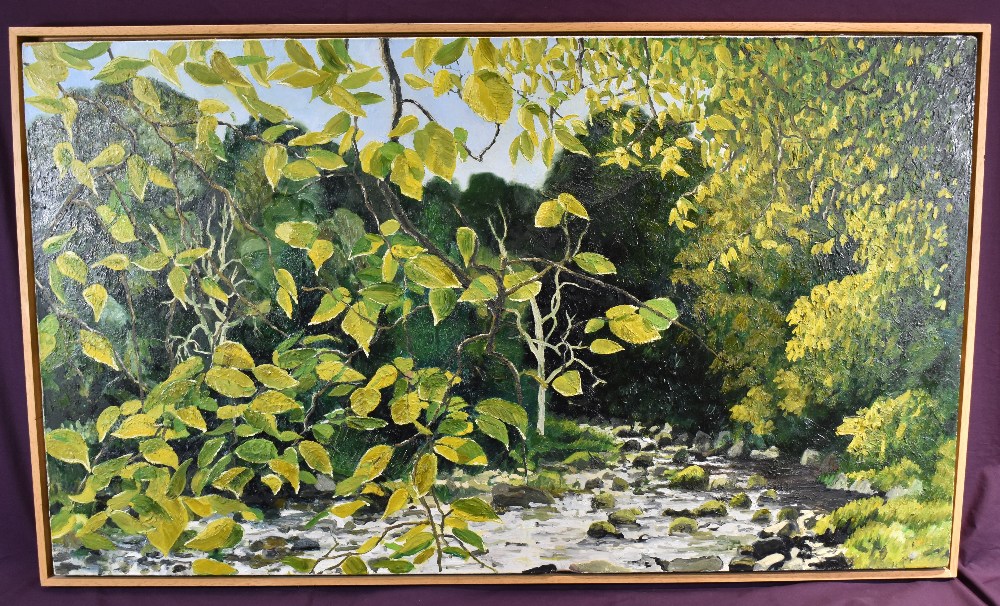 A late 20th century oil on canvas, babbling brook, unsigned, within a lightwood frame 70cm x 116cm - Image 2 of 2