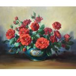 Wilf Walker (British 20th century) oil on board, still life study depicting a vase of shrub roses,