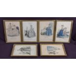 A set of six late 19th century coloured French fashion prints, each within Hogarth type frames, 18cm