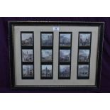 An early 20th century framed set of twelve views of London, four mounted strips of three views,