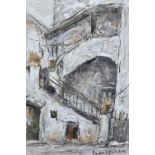 An interesting 20th century Italian impasto oil on board, exterior staircase, indistinctly signed