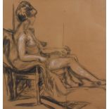 John Clare (British 20th century) charcoal and chalk study, seated female nude, signed in pencil