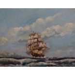 G H Macarthy (contemporary) oil on board, depicting a masted ship at sea, signed at bottom right