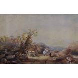 A 19th century Lake District scene watercolour, a quiet rural road with figures, unsigned, within