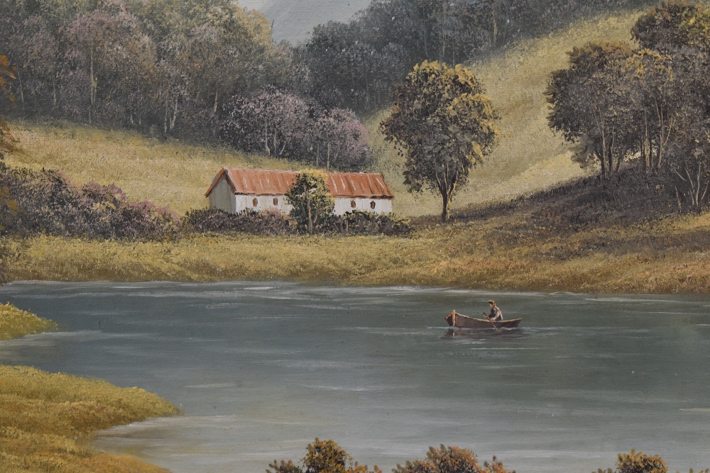 P Wilson (British Contemporary) oil on canvas, single fishing boat within a river landscape, - Image 3 of 5