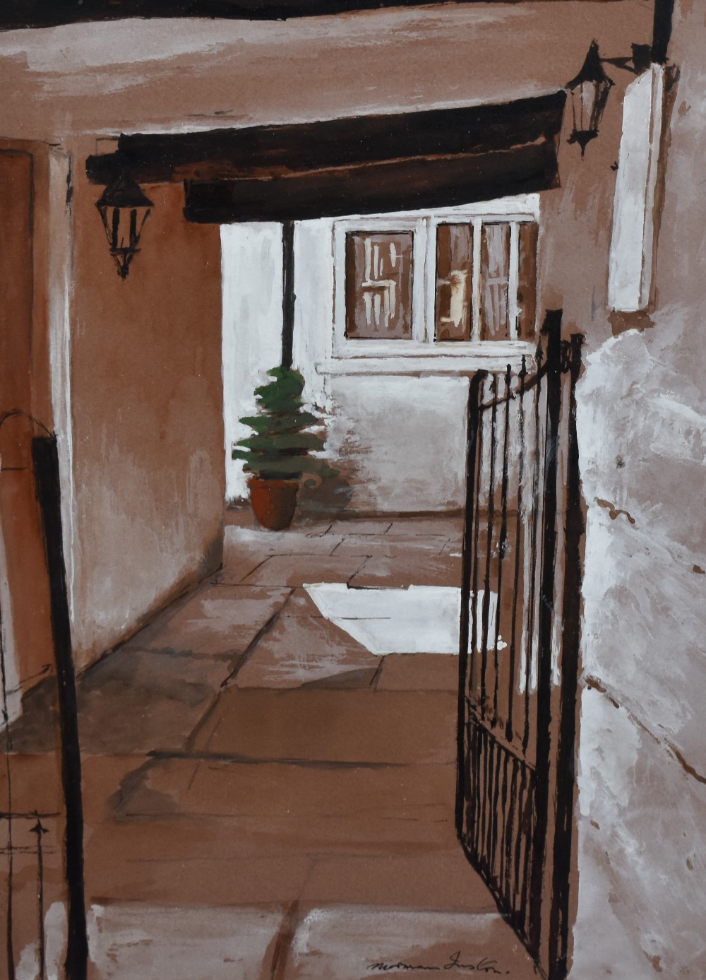 Norman Inston (local contemporary) watercolours, entitled verso 'A Corner of Kirby Lonsdale'