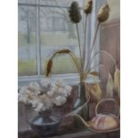 Pat Dyson (20th century) watercolours, still life study by a window, signed and dated '02' lower