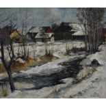 Erich Schmid (Austrian, Vienna 1908-1984) oil on board, winter river scene with buildings, signed