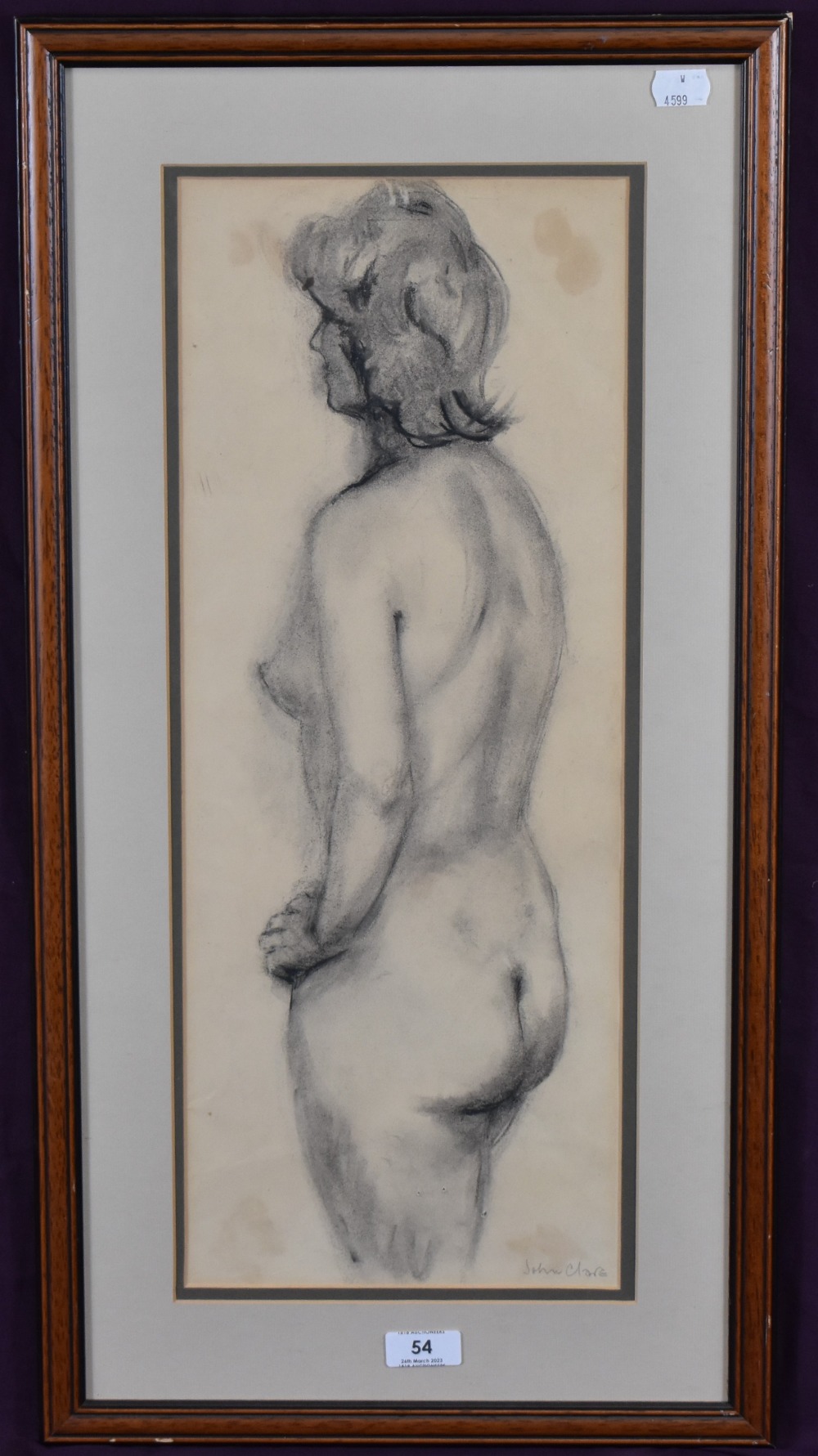 John Clare (British 20th century) charcoal, standing female nude study, signed in pencil lower right - Image 2 of 3