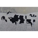 J.T Rourke (contemporary) oil on board, Friesian cows within a moonlit winter landscape, signed