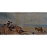 An early 20th century coloured print, children on the beach with donkey, bearing facsimile