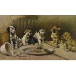 After Cecil Charles Windsor Aldin (British 1870-1935) a colour print, dogs at the dinner table,