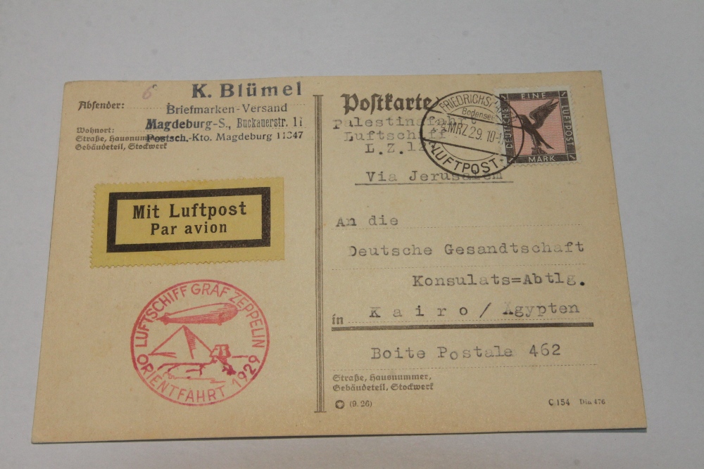 1929 LZ127 GRAF ZEPPELIN FLIGHT COVER - ORIENT FLIGHT TO EGYPT Postcard with 1m Eagle airmail stamp,