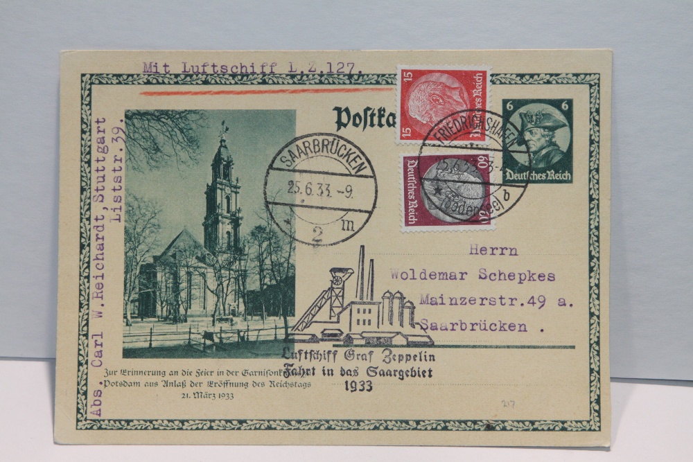 1933 LZ 127 GRAF ZEPPELIN, SAARGEBIET FLIGHT ON UPRATED STATIONERY Uprated Postal Stationery card,