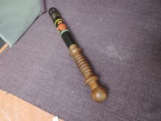A Victorian Police Wooden Truncheon painted black & gold with VR Lancashire Coat of Arms, length,