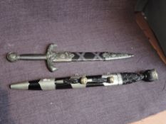 Two replica Swords, King Arthur blade length 27cm, overalll length 41cm and a Dirk made by Pooley S