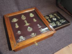 Two small wooden and glazed display cases containing 21 Military Cap Badges including 19th