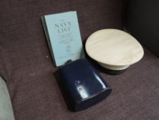 Three Royal Navy Items, The Navy List Spring 1969, blue metal Water Bottle and a Cap with band HMS