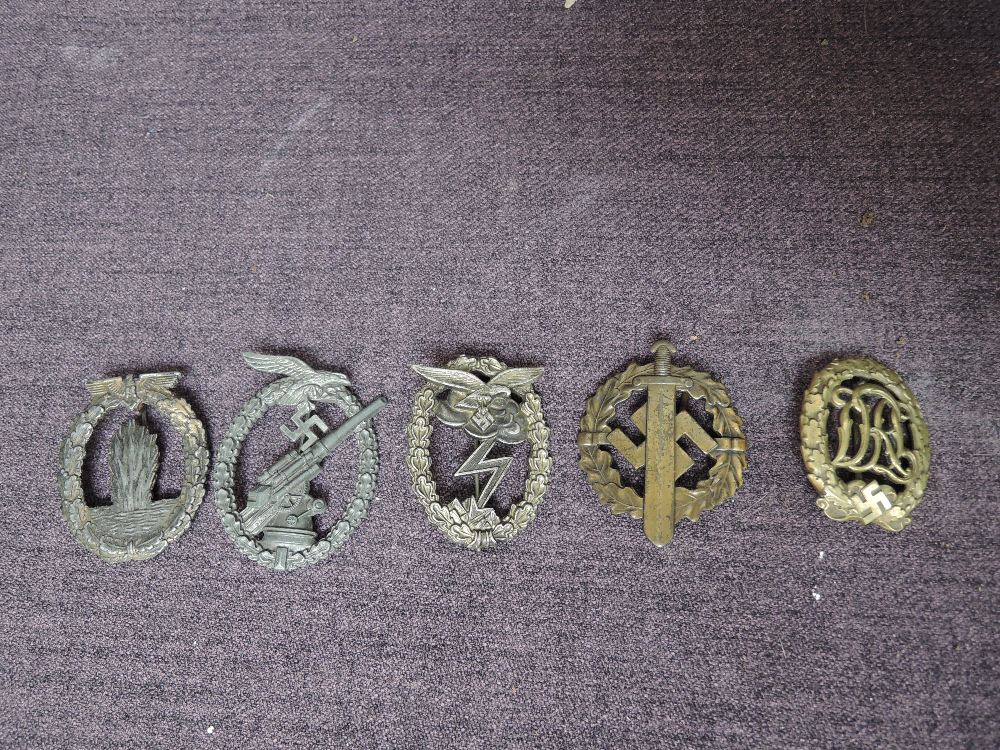 Five German WW2 Period Badges Kreigsmarine Minesweeper, Anti Aircraft Flak Battle, Ground Assault,