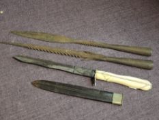 A Joseph Rodgers Dagger having doubled edge blade with leather scabbard, blade length 17cm,