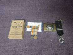 A collection of WW1 Items including Arf A Mo Kaiser Playing Cards by De La Rue unopened, pair of WW1