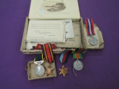 A box containing WW2 Medals and Paperwork to 3600356 CPL.J.Woof. BORDER, Defence, War, 39-45 Star,