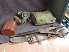 A WW2 Home Guard Equipment, to include Gas Mask in Military carry satchel, WW1 Bayonet pattern 1913,