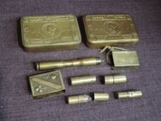 A box containing two WW1 Queen Mary 1914 Christmas Tins, two WW1 trench art Matchbox holders and