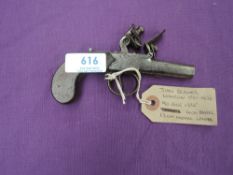 A 18th/19th century Flintlock Pocket Pistol, screw off barrel, 90 bore, John Brasher, London, shield