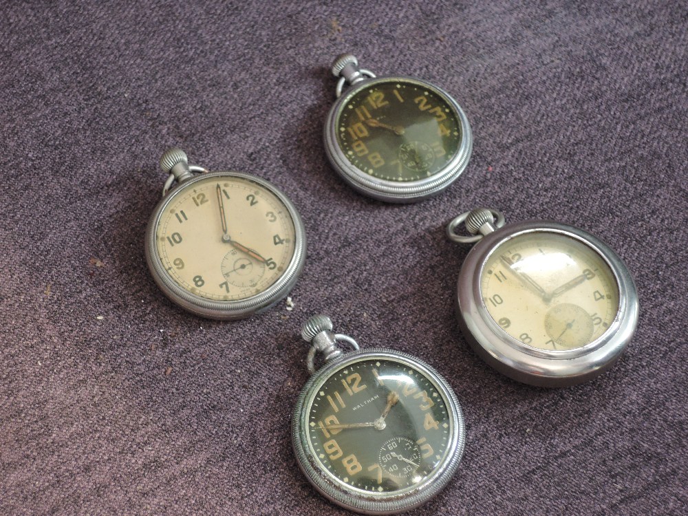 Four silver plated Military Pocket Watches, Waltham, Doxa, Swiss Made and similar