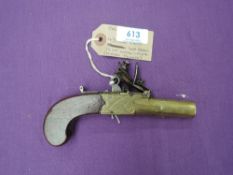 A 18th/19th century Flintlock Pocket Pistol, screw off barrel, hidden trigger, 43 bore, marked