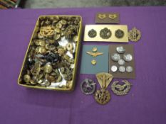 A box of mainly RAF Buttons and Badges including three Royal Flying Corps Badges