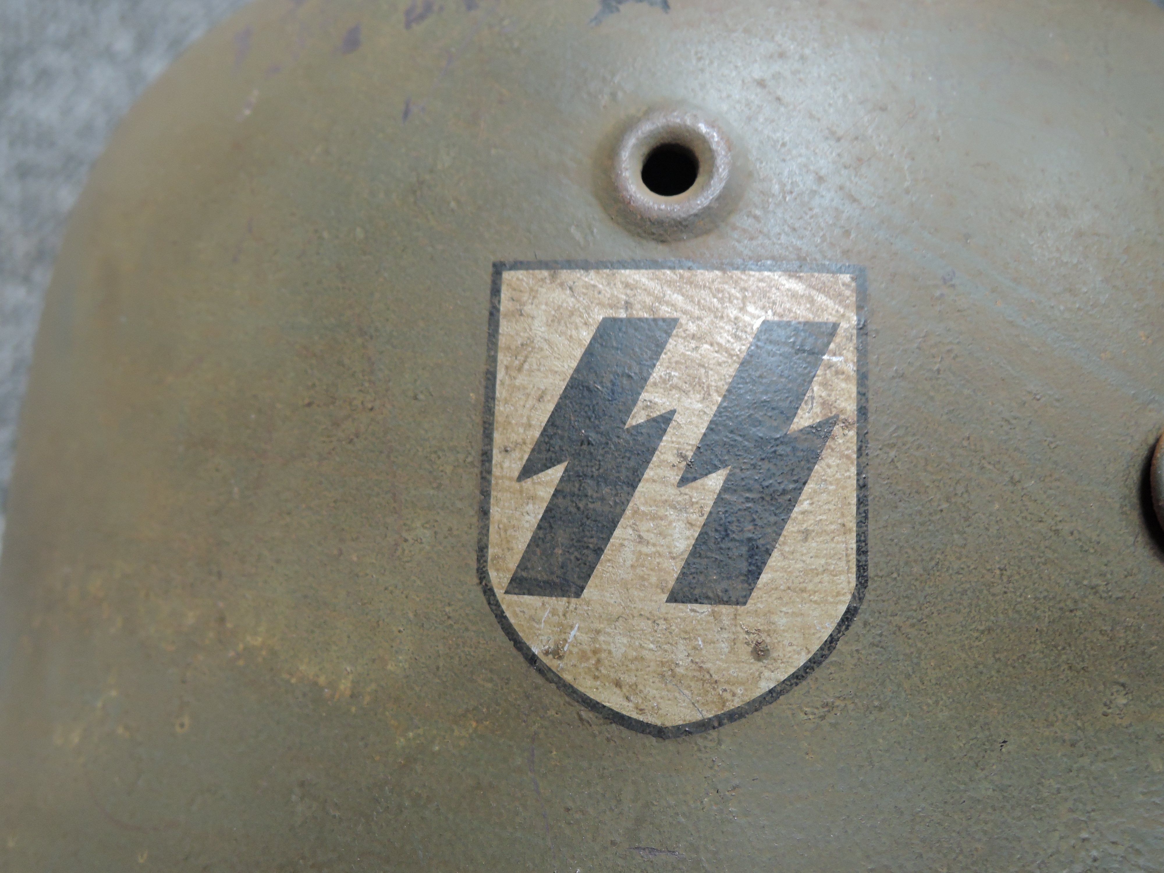 A German WW2 M42 Army Helmet with single decal to right hand side of Waffen SS, size 59, with chin - Image 2 of 4