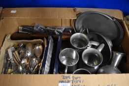 A box of tankards and various flatwares.